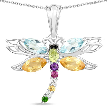 Quintessence Necklaces Dragonfly Necklace-Multi Colored Genuine Gemstone 2.88ctw in Sterling Silver